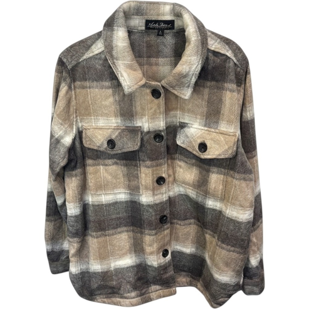 North River Outfitters Plaid Flannel Shirt Jacket Shacket Brown Beige Large L